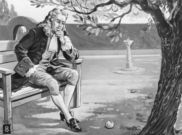 Artist Rendition of Newton Contemplating an Apple Falling