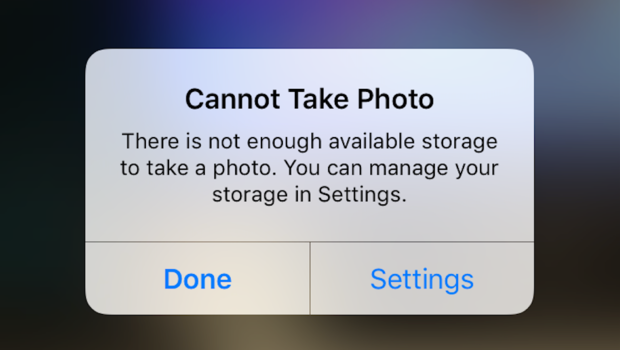 iphone displaying message "cannot take photo there is not enough available storage to take a photo. you can manage your storage in settings."