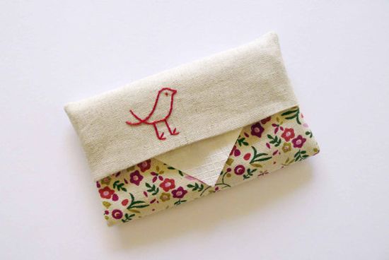  Tissue Holder hand embroidered burgundy bird 