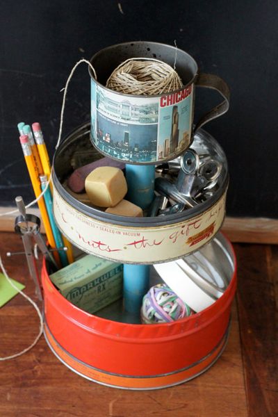 3-Tier Desk Organizer Caddy from Vintage Metal Tin Canisters