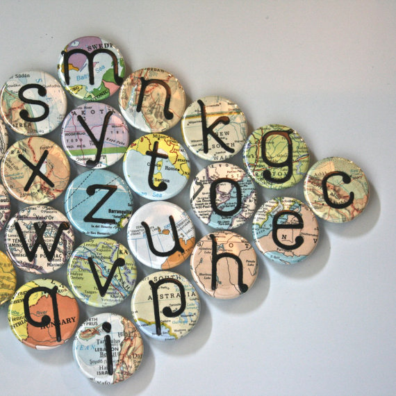 Magnets Featuring Graphic Letters of the Alphabet on Recycled Map