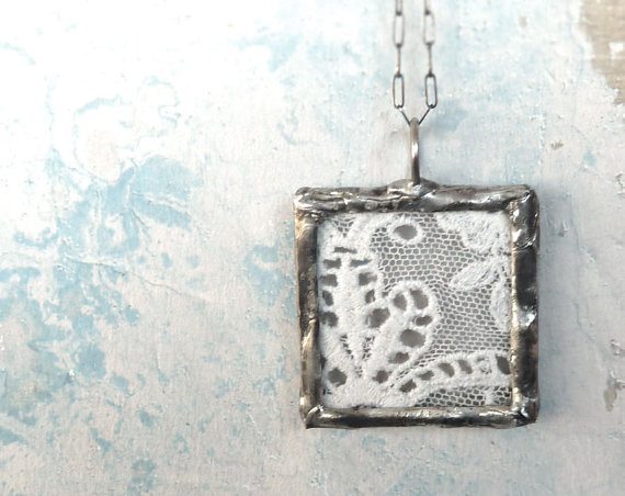 Antique French Lace Handmade Glass Pendant with Oxidized Sterling Silver Chain- Winter is Coming