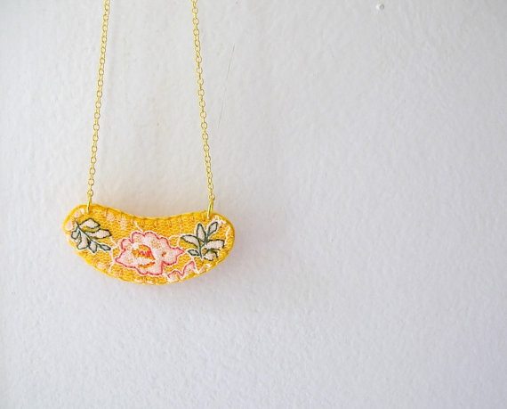 Embroidered Lace Necklace Lemon Ginger Felt and Lace Tea Rose 