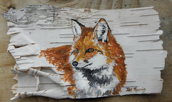 Red Fox Painting on Birch Bark