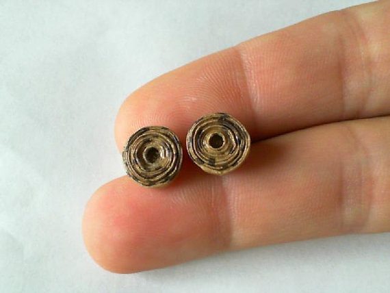 Tiny hand rolled paper bead earrings made from a paper bag