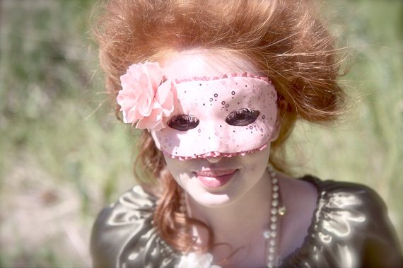 Handmade Masquerade Mask in Peachy Pink with Detachable Satin Flower Clip Brooch