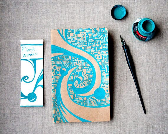 Kraft Moleskine Cahier Large Notebook Hand Drawn Turquoise Ink Cover Design on journal sketchbook