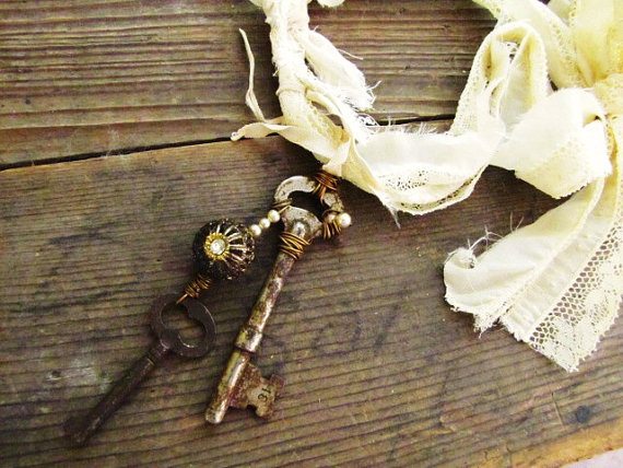 Altered Victorian Industrial Couture- skeleton keys lace necklace Avant-Garde WEARABLE ArT