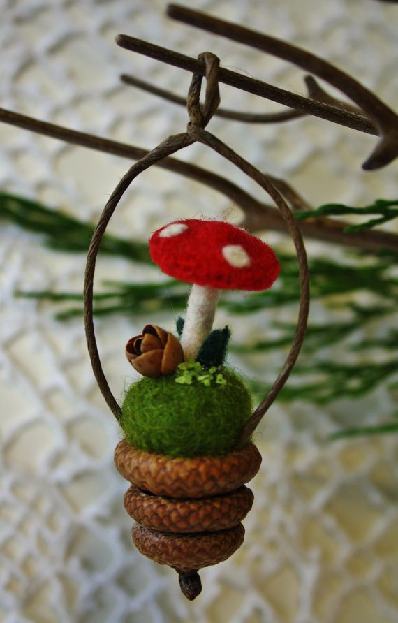 Three acorn cap and red woolly mushroom ornaments