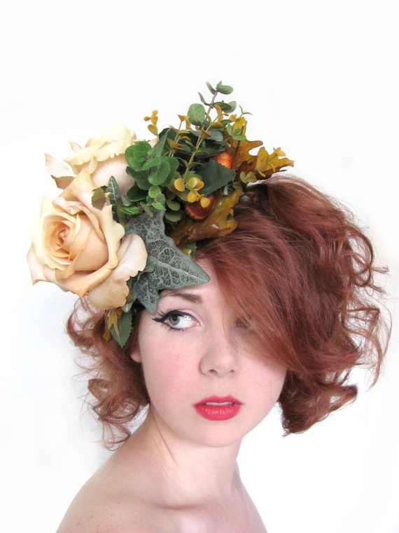 Handsewn Fascinator - Autumn Roses with Leaves, Twigs and Acorns