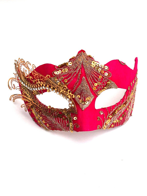 Luxury Bollywood Pink & Gold Venetian Metal Filigree Mask