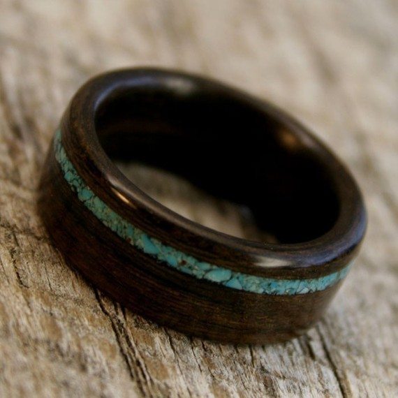  Ziricote Bentwood Ring with Offset Turquoise Inlay 