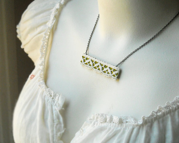 Olive Green, White, Lace Jewelry Bib Necklace