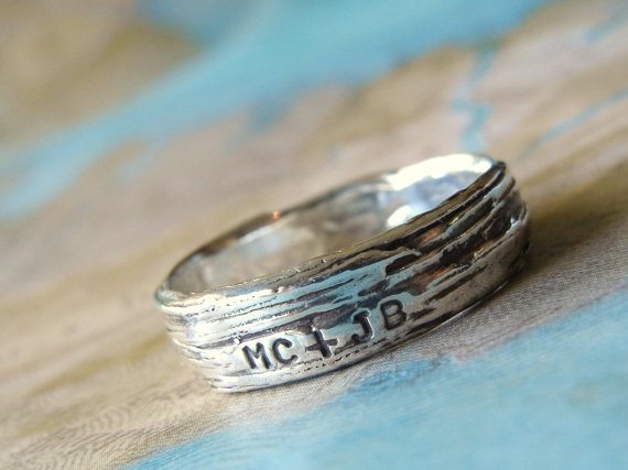  Rustic Bark Ring, Personalized Silver Jewelry, Lover's Ring Initials, Fine Silver Tree Bark, Custom Wedding Band