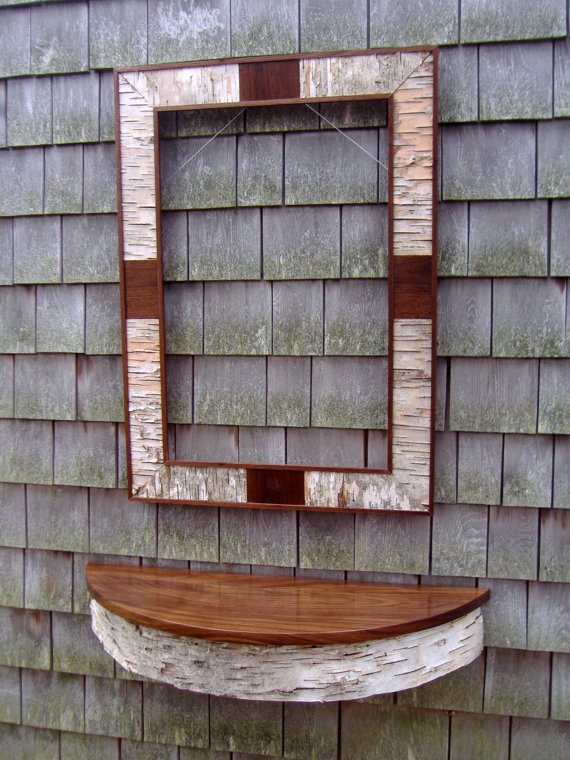  Birch Bark and Black Walnut Table Shelf and Mirror Frame