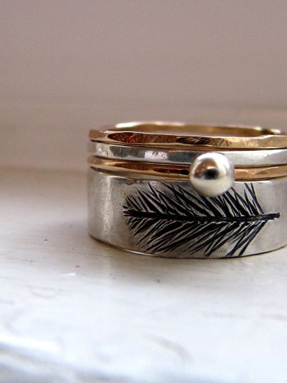 Feather Ring Wedding Band Set Etched Silver Stack Set