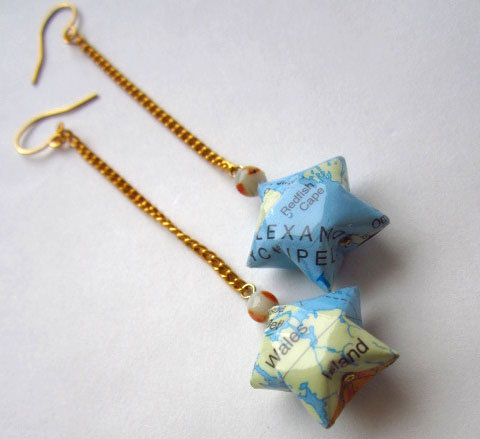 upcycled Map Paper Star Earrings - Origami Jewelry