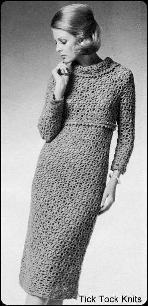 PDF Vintage Crochet Pattern Women's Cowl Neck Empire Waist Dress