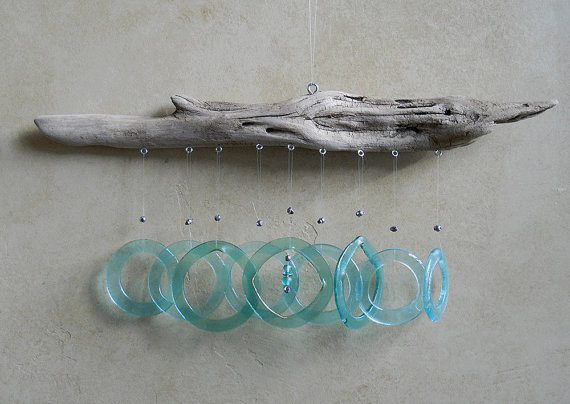 Teal Bottoms Up 2 - Wine Goblet Windchimes on Driftwood Branch