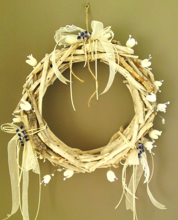 Driftwood Wreath Centerpiece with white silk cocoons, crystals, vintage lace, blue flowers
