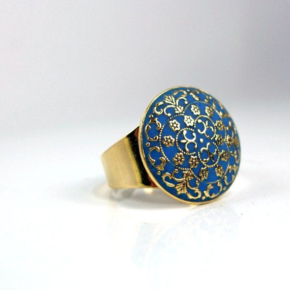 Gold blue ring imperial victorian style enamel work unique design handmade adjustable ring