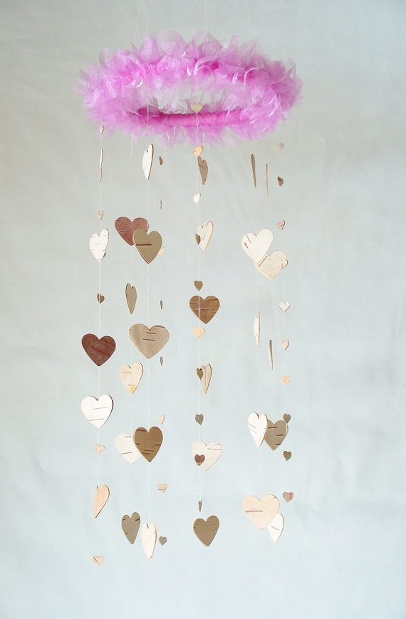 heart mobile birch bark and pink ribbon