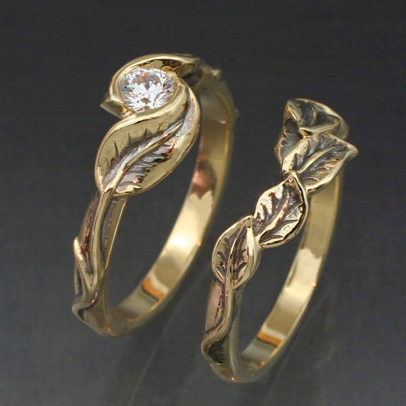 WEDDING RING SET -14k Yellow or White Gold - Delicate Leaf Engagement ring with matching Wedding Band