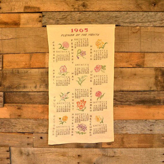 Vintage Embroidery Sampler Flower of the Month 1965 Linen Hanging Wall Calendar