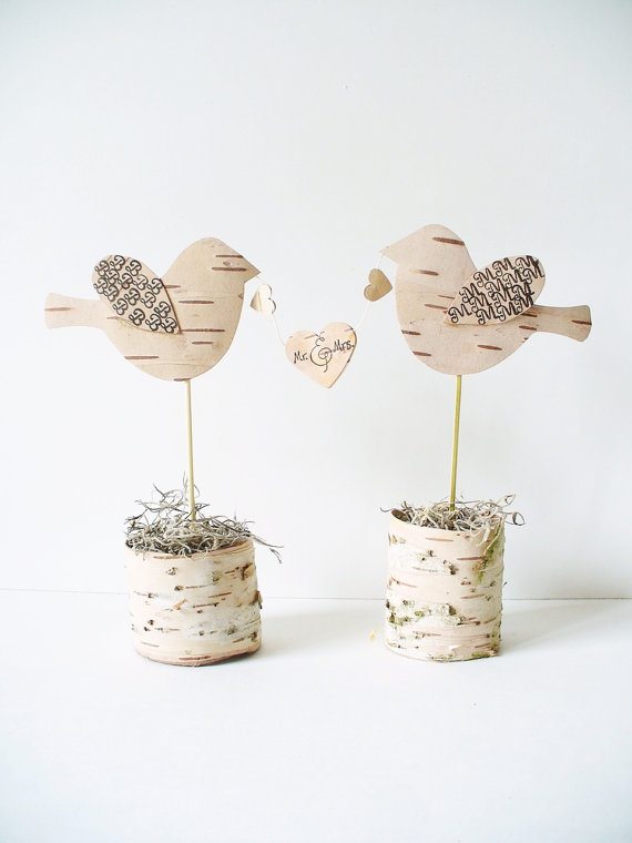 Wedding Cake Topper- Birch Bark, Birds Mr & Mrs