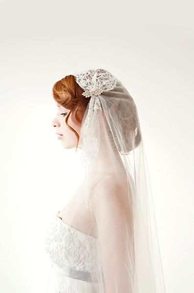 Tule chapel length veil, lace, bridal cap - Touch of Love