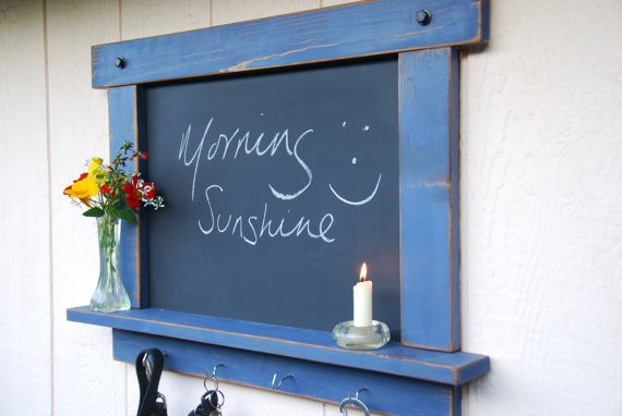 Rustic Chalkboard-Shabby Chic Blue With Shelf and Hooks