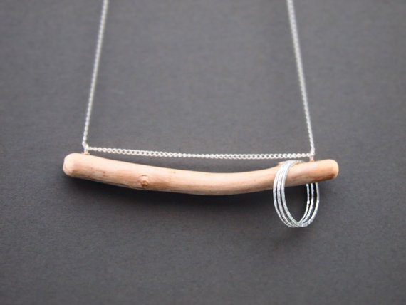 natural driftwood and silver rings necklace