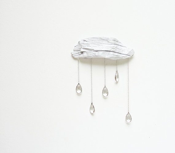 Driftwood Cloud with Vintage Crystal Raindrops - Wall Hanging