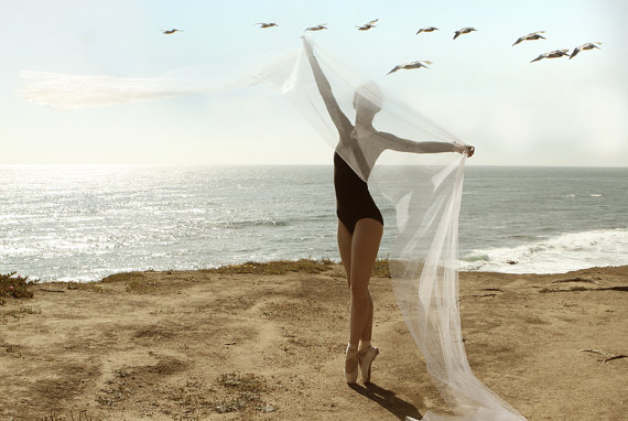 Ballerina, Beach, and Flying Pelicans