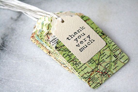 Wedding favor tags with hand-stamped thank you message, layered vintage atlas design