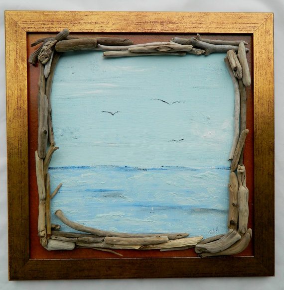 Home Decor Acrylic Painting with Driftwood Frame Fabulous Nautical / Beach House Wall Hanging