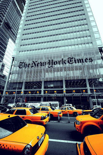 The New York Times building yellow taxis
