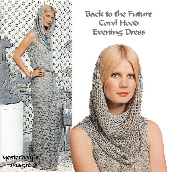  Futuristic Style Long Elegant Dress with Cowl Hood Vintage 1970's English Crochet Pattern