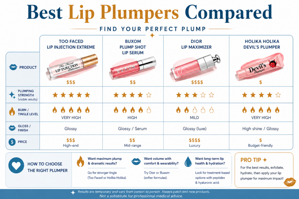 Comparison chart of the best lip plumpers for fuller-looking lips without filler